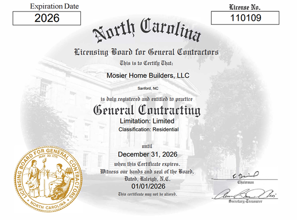 NC General Contractor Certificate